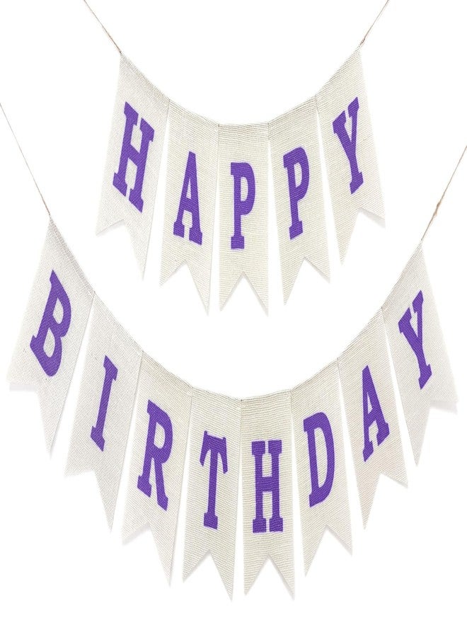 CROWNOS Purple Happy Birthday Banner Sign, Rustic Burlap Purple Happy Birthday Party Decorations for Girls Women - Image 1